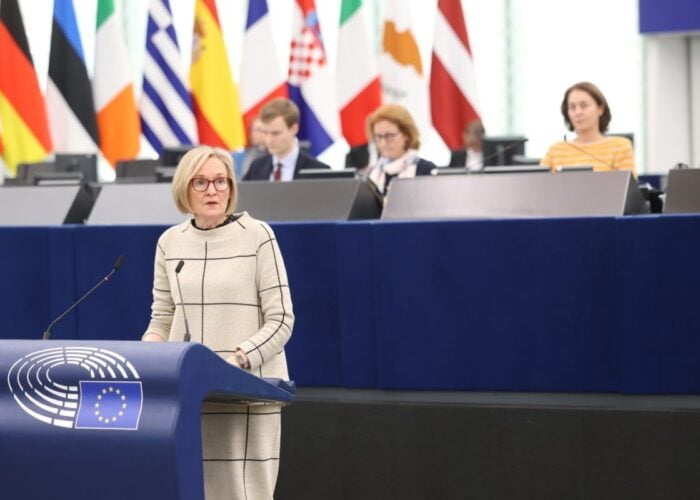 European Commissioner Mairead McGuinness speaking at the European Parliament about the state of the solar manufacturing industry in Europe